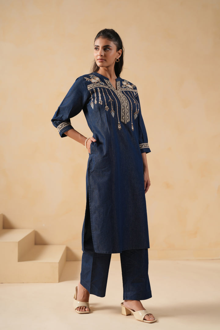 Blue Denim Embroidered Designer Straight Kurta