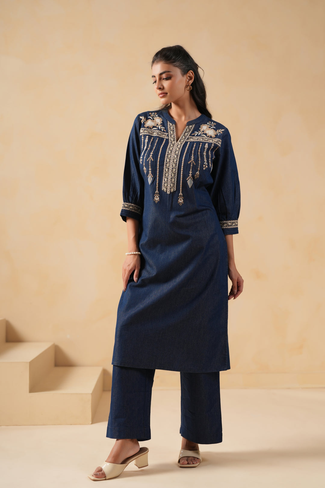 Blue Denim Embroidered Designer Straight Kurta