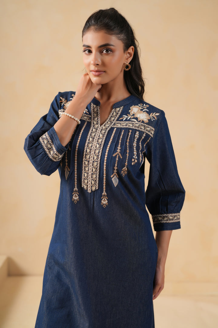 Blue Denim Embroidered Designer Straight Kurta