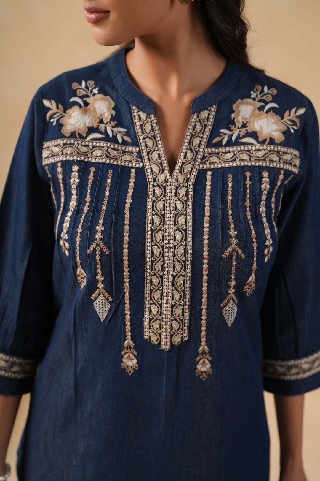 Blue Denim Embroidered Designer Straight Kurta