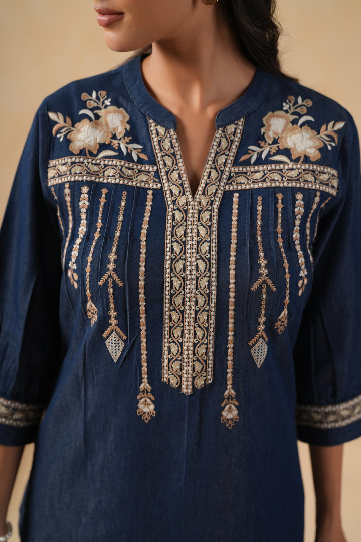 Blue Denim Embroidered Designer Straight Kurta