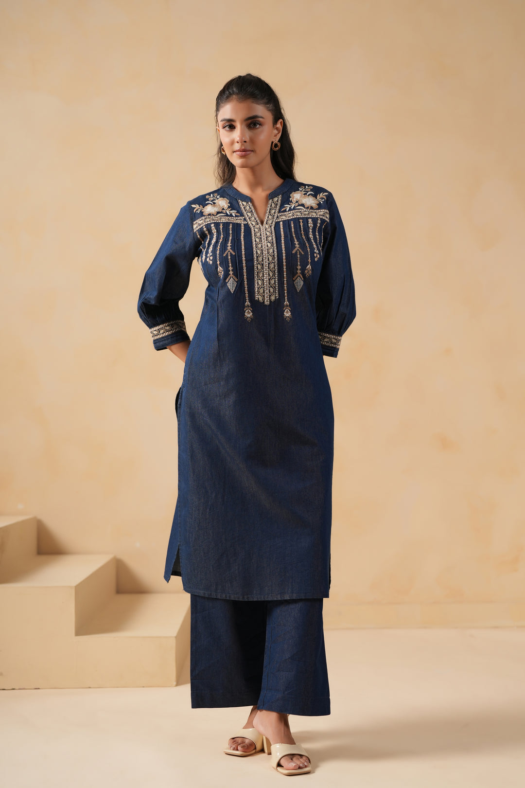 Blue Denim Embroidered Designer Straight Kurta