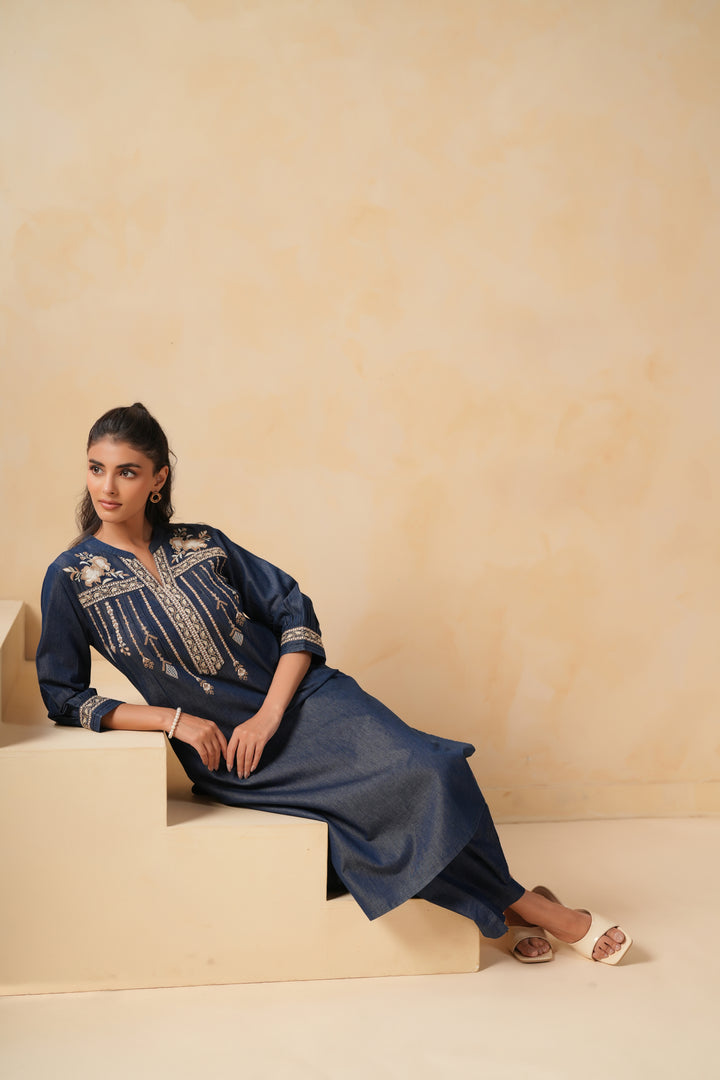Blue Denim Embroidered Designer Straight Kurta