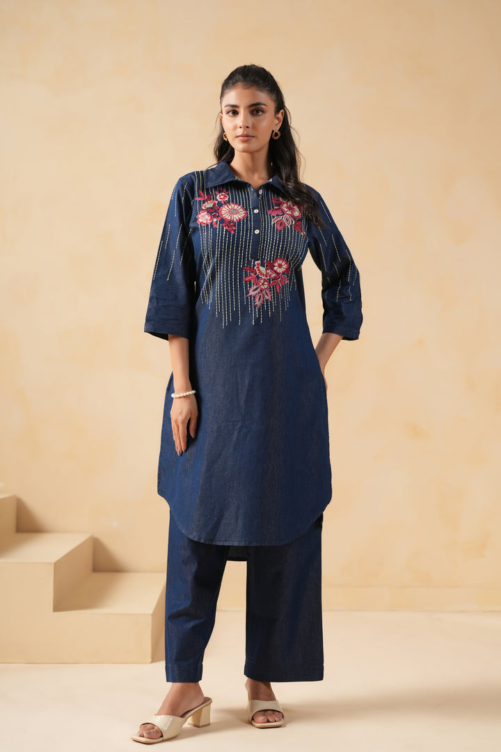 Blue Denim Embroidered Designer Kurta