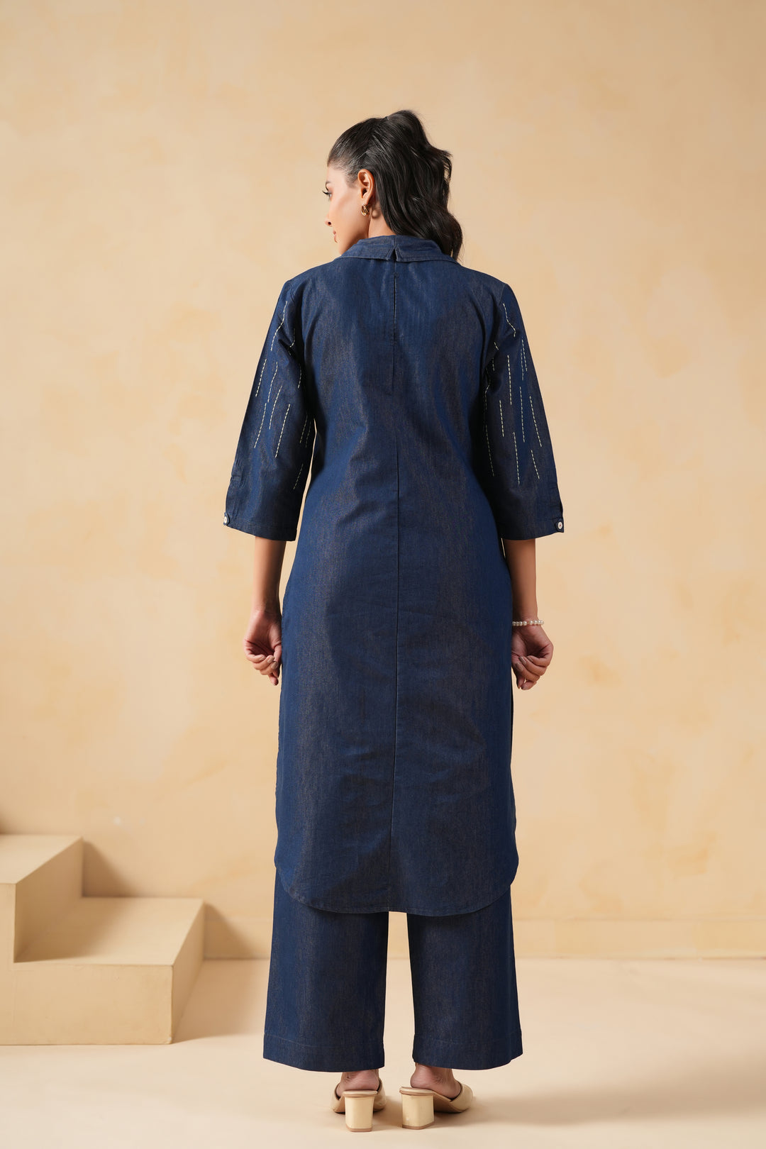 Blue Denim Embroidered Designer Kurta