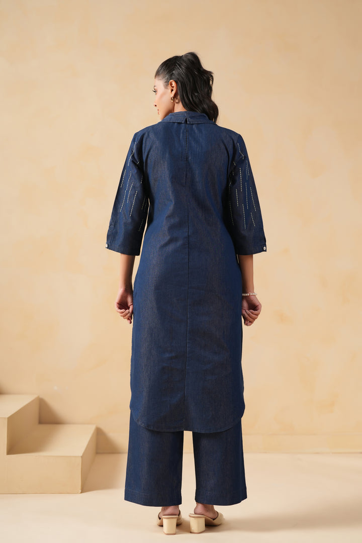 Blue Denim Embroidered Designer Kurta