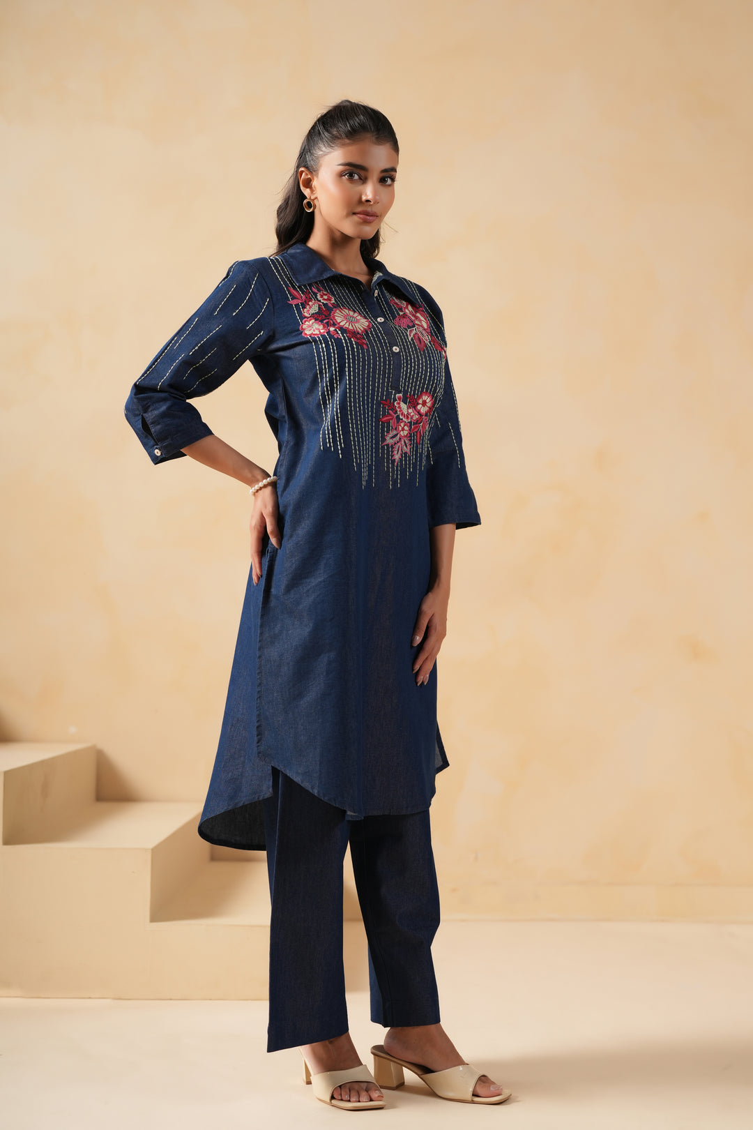 Blue Denim Embroidered Designer Kurta