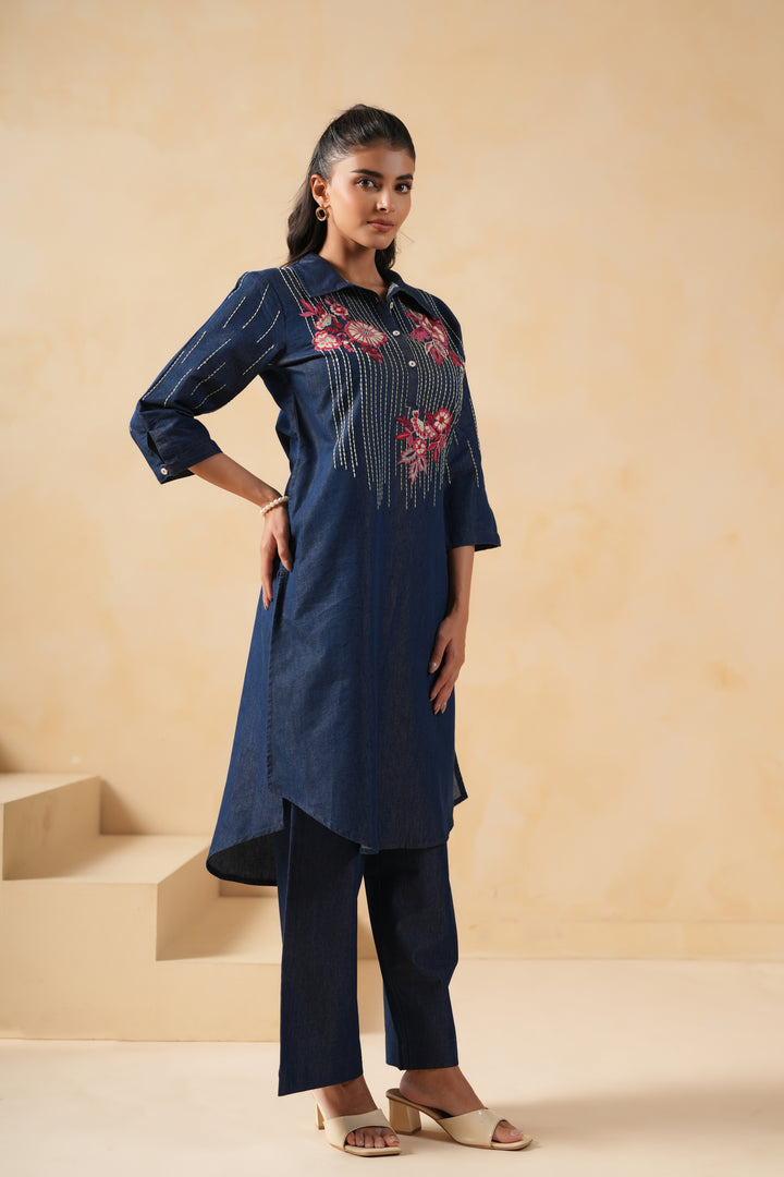 Blue Denim Embroidered Designer Kurta