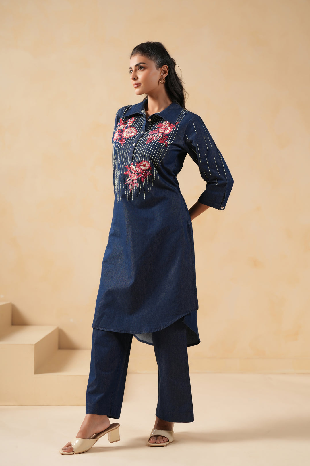 Blue Denim Embroidered Designer Kurta