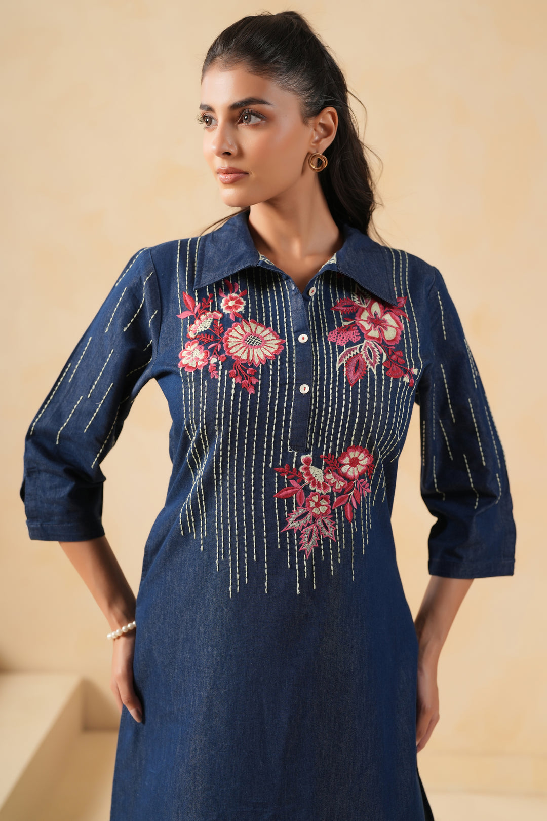 Blue Denim Embroidered Designer Kurta