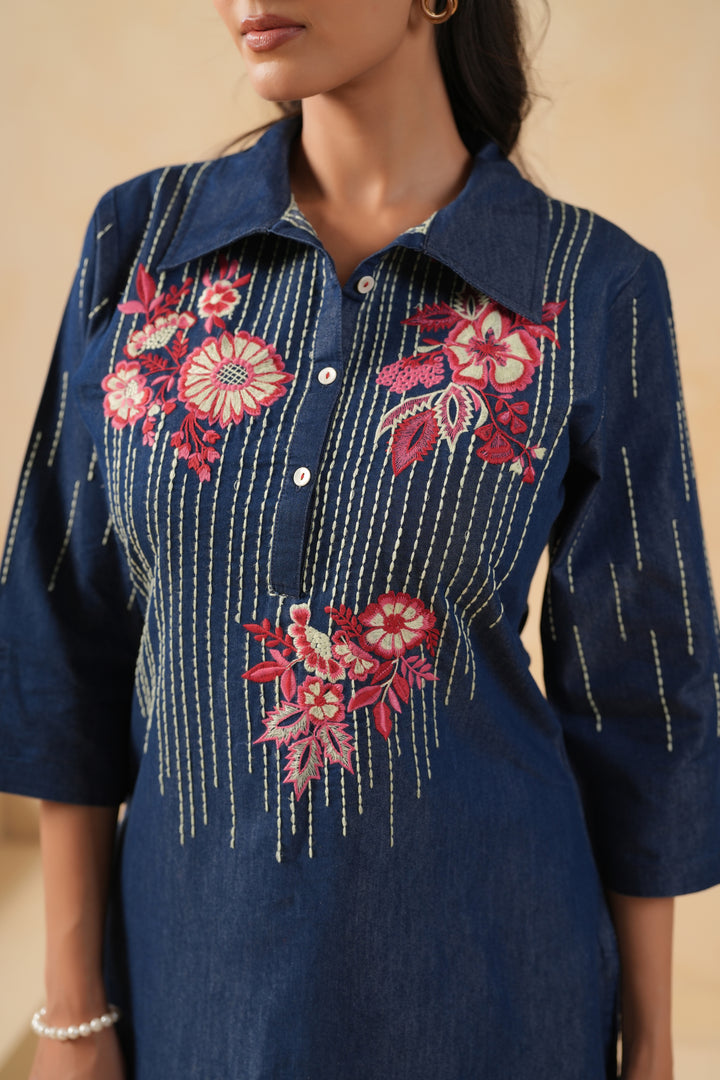 Blue Denim Embroidered Designer Kurta