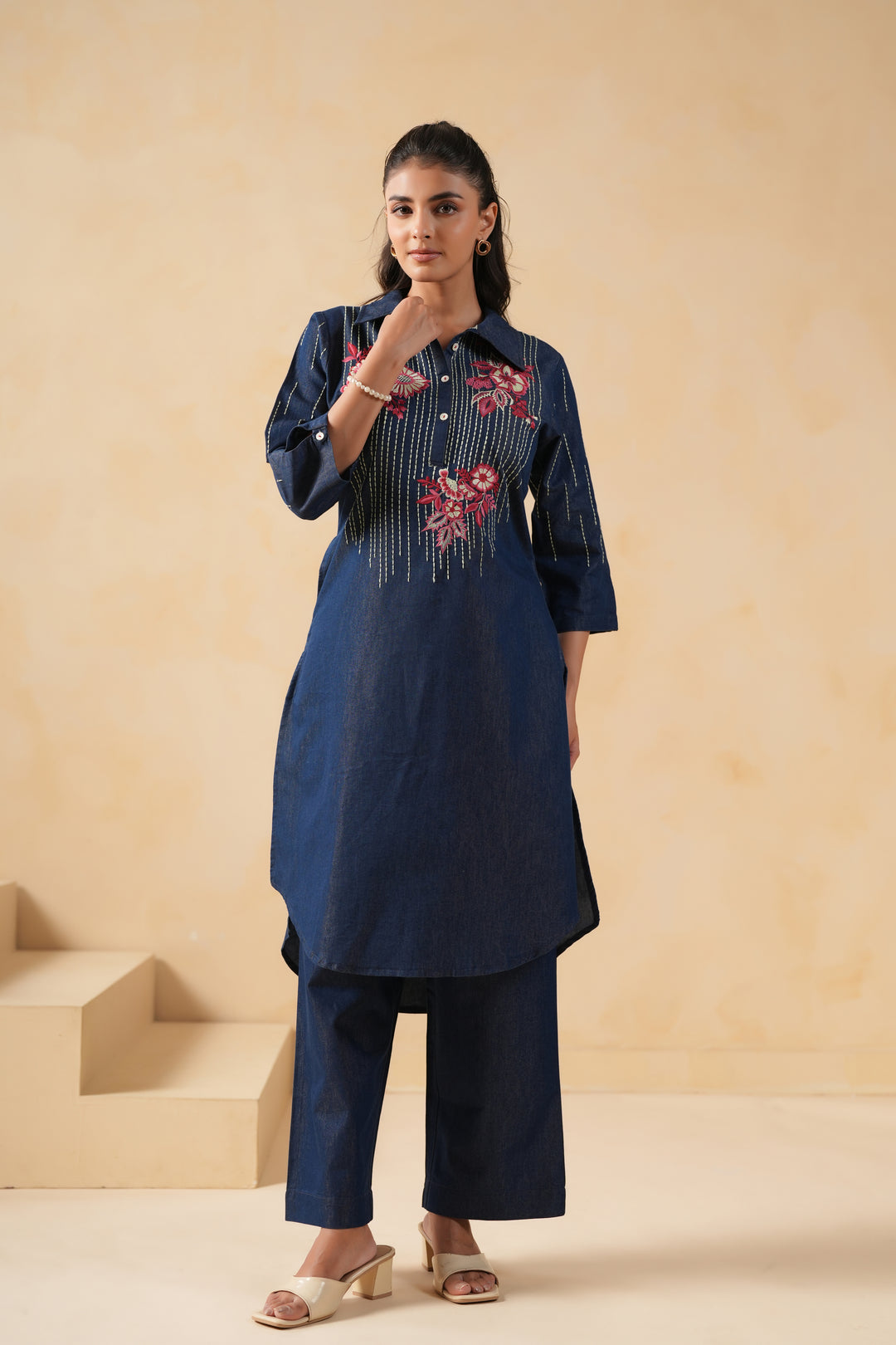 Blue Denim Embroidered Designer Kurta