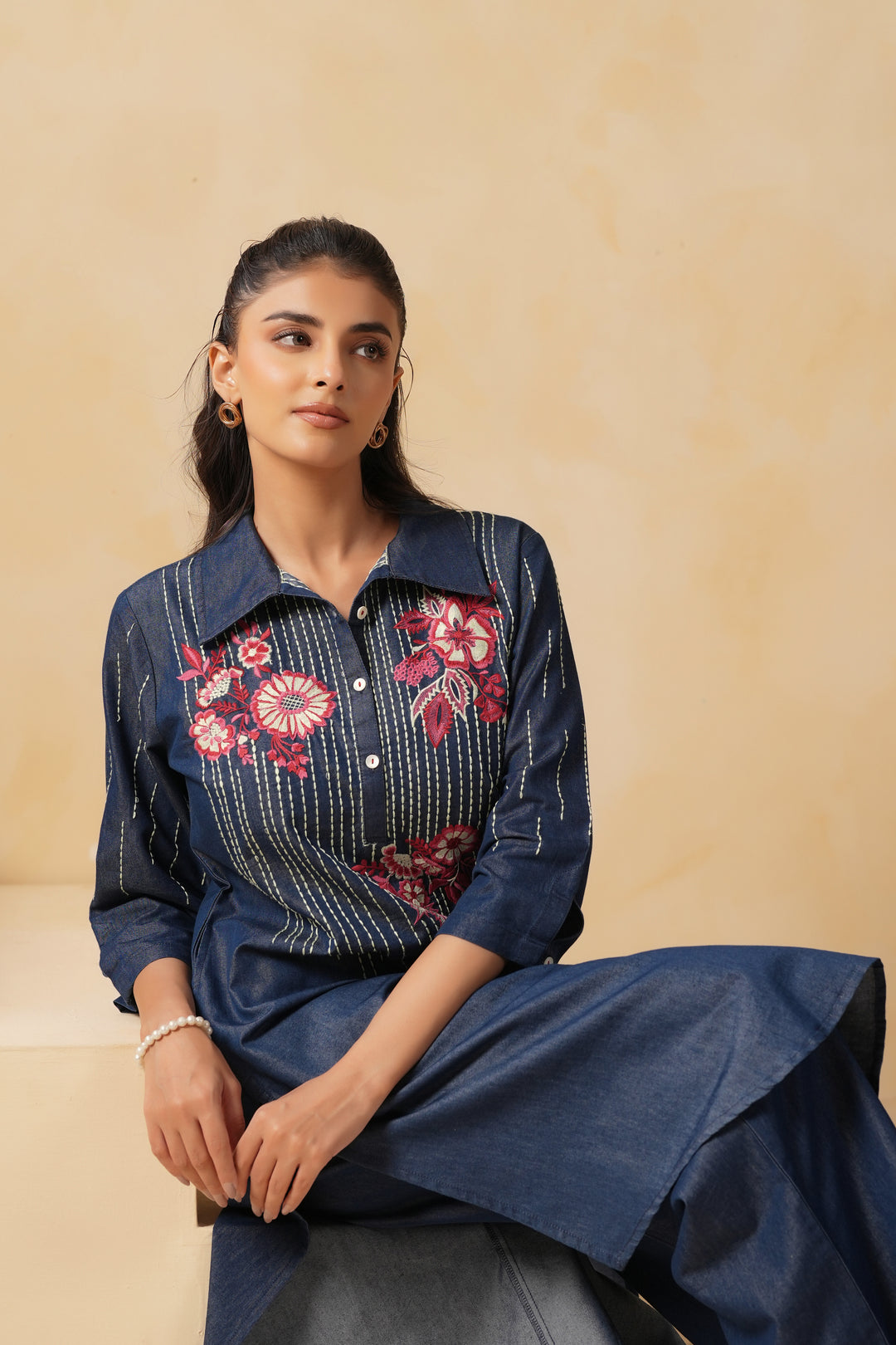 Blue Denim Embroidered Designer Kurta
