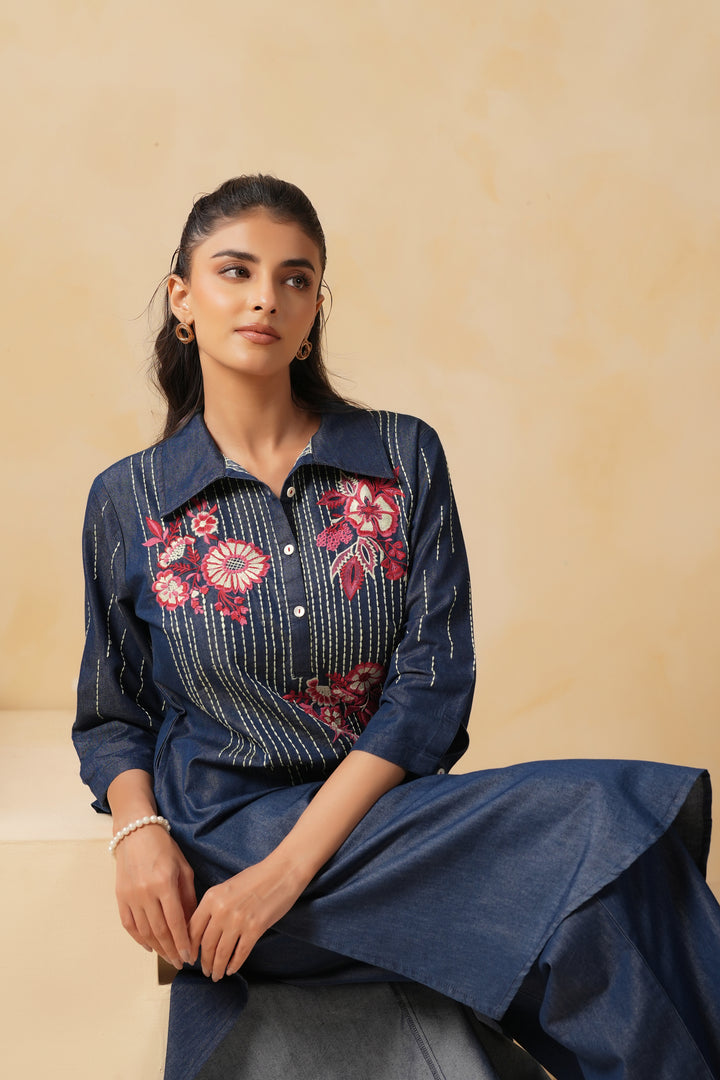 Blue Denim Embroidered Designer Kurta