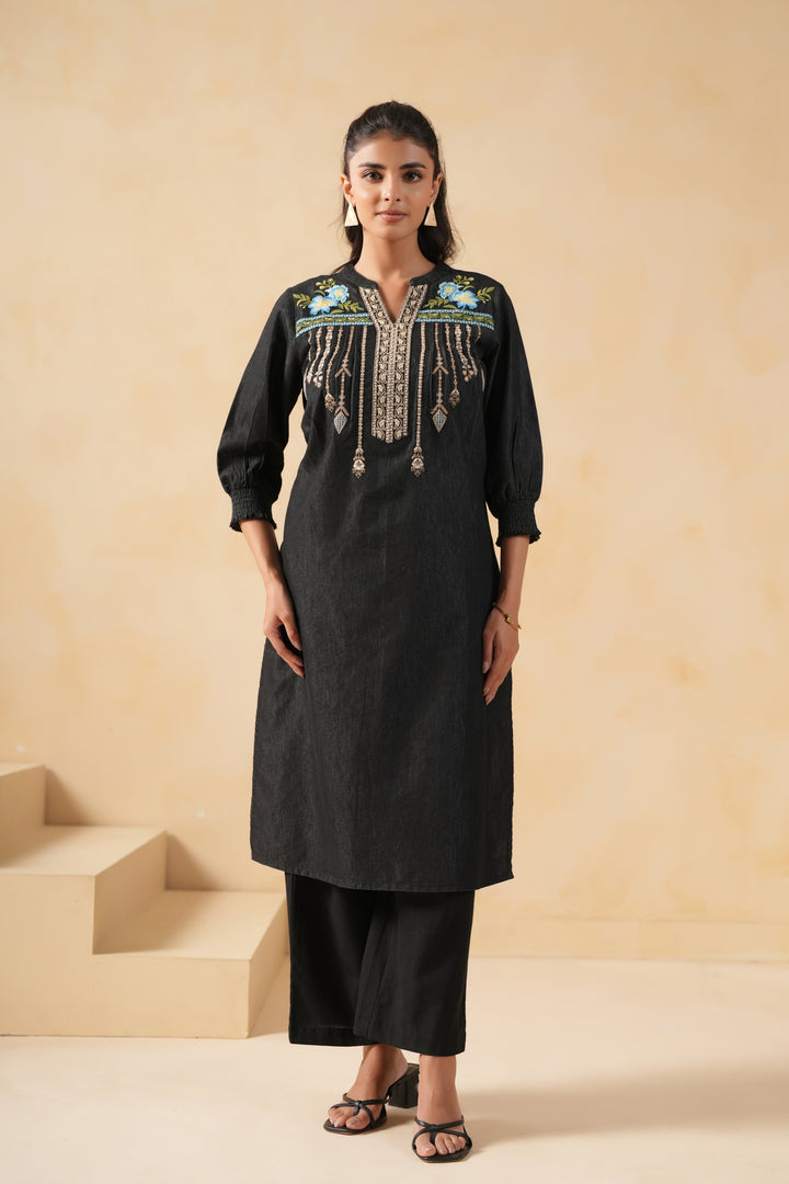 Black Denim Embroidered Designer Straight Kurta