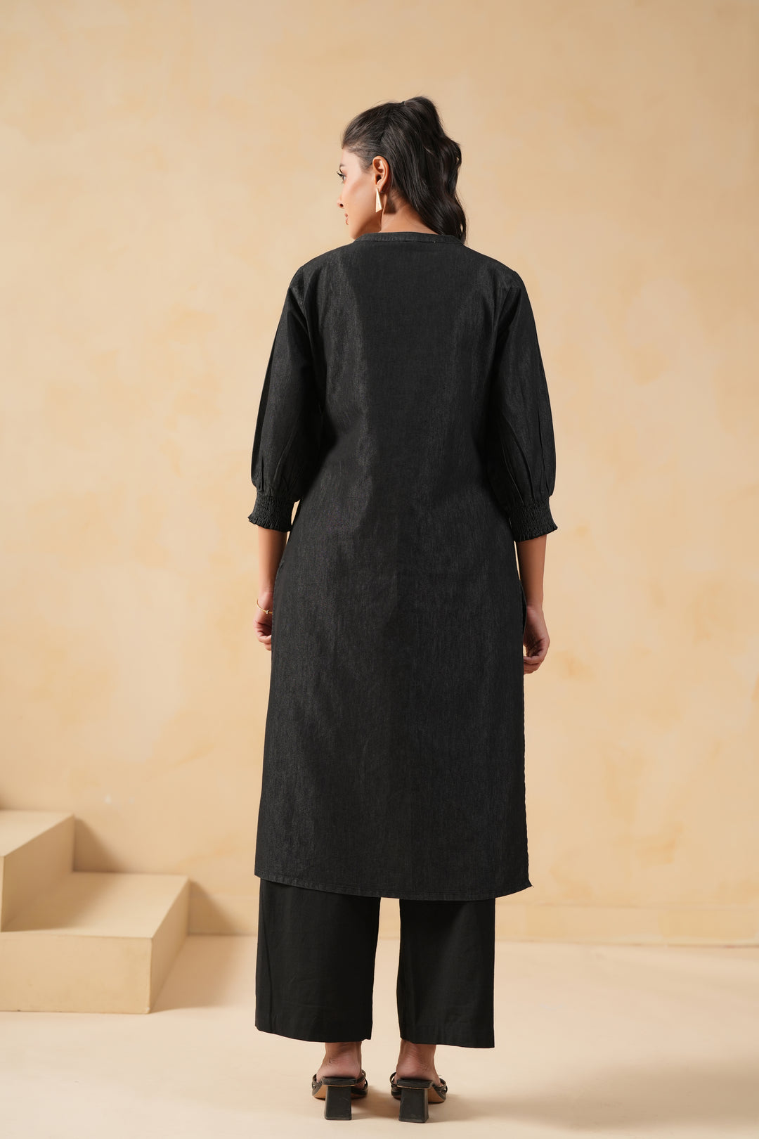 Black Denim Embroidered Designer Straight Kurta
