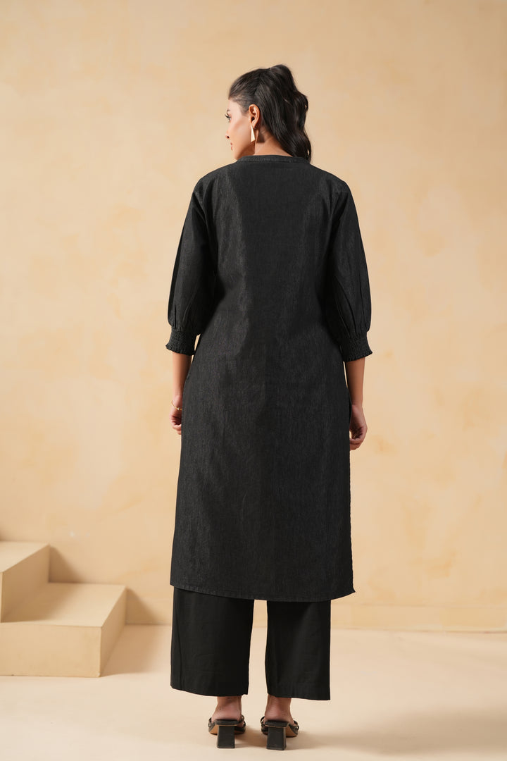 Black Denim Embroidered Designer Straight Kurta