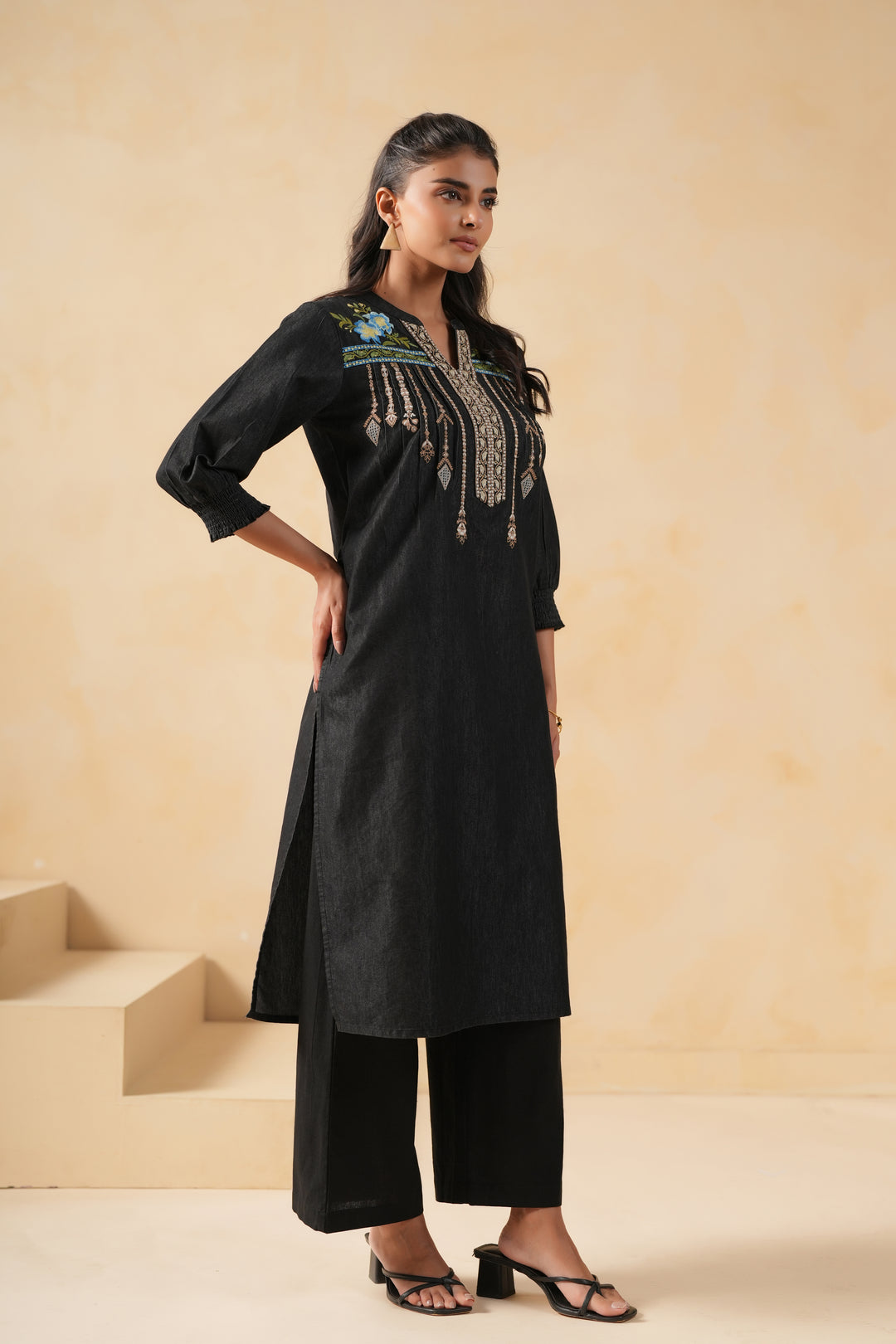Black Denim Embroidered Designer Straight Kurta