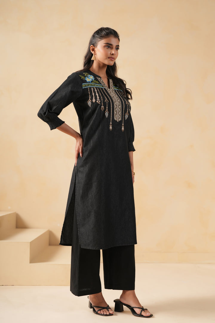 Black Denim Embroidered Designer Straight Kurta
