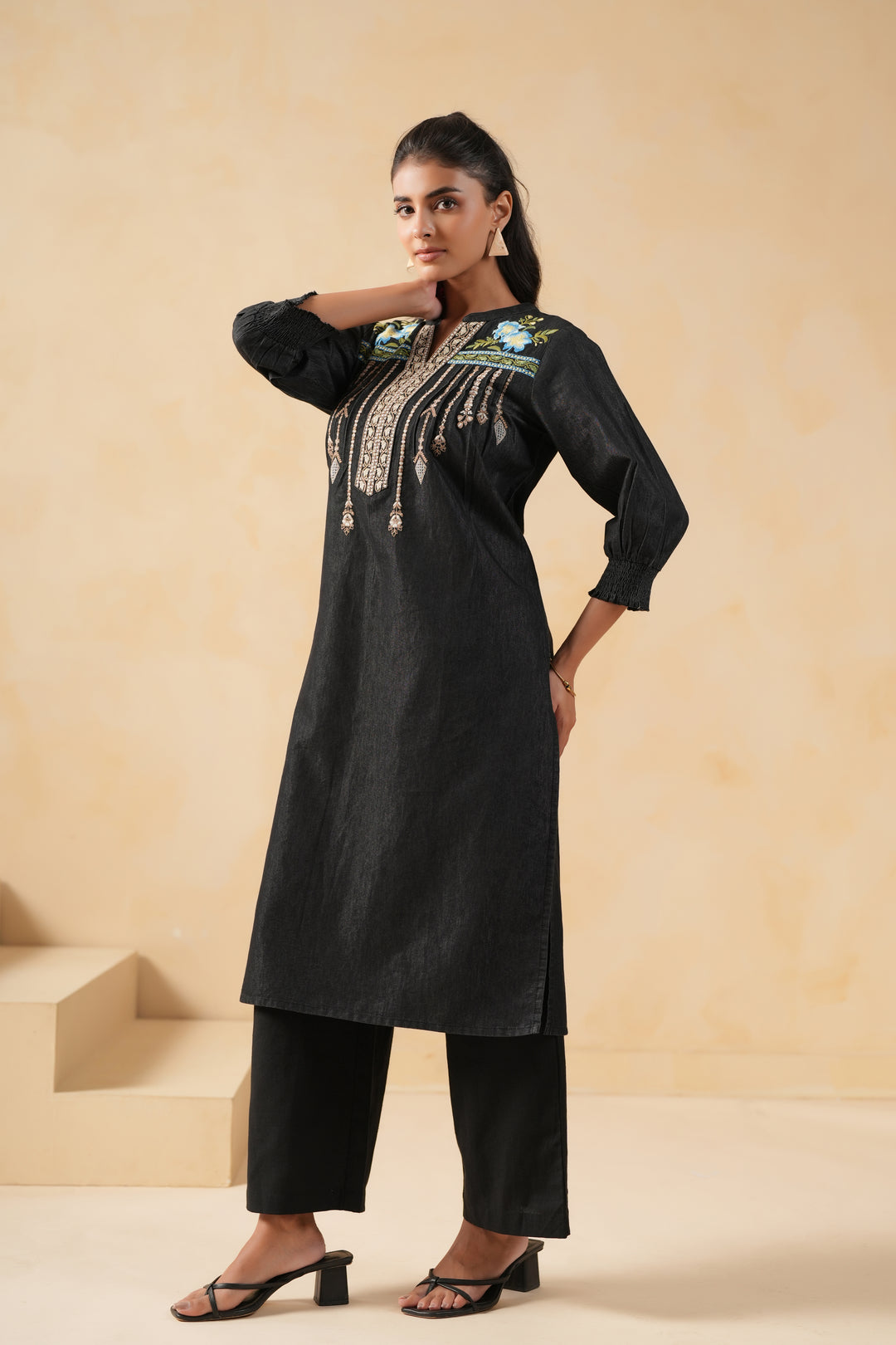 Black Denim Embroidered Designer Straight Kurta