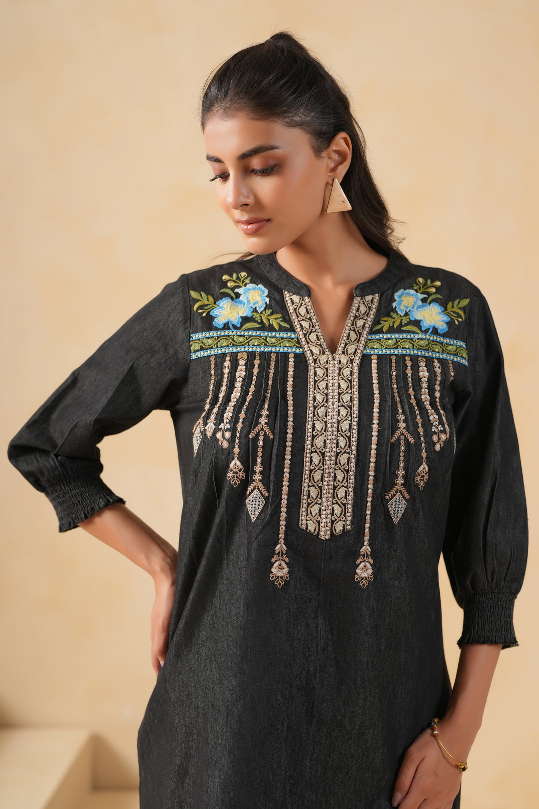 Black Denim Embroidered Designer Straight Kurta