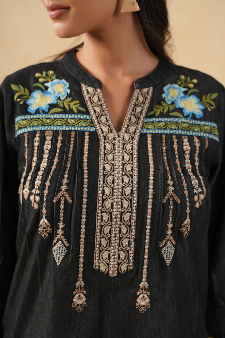 Black Denim Embroidered Designer Straight Kurta