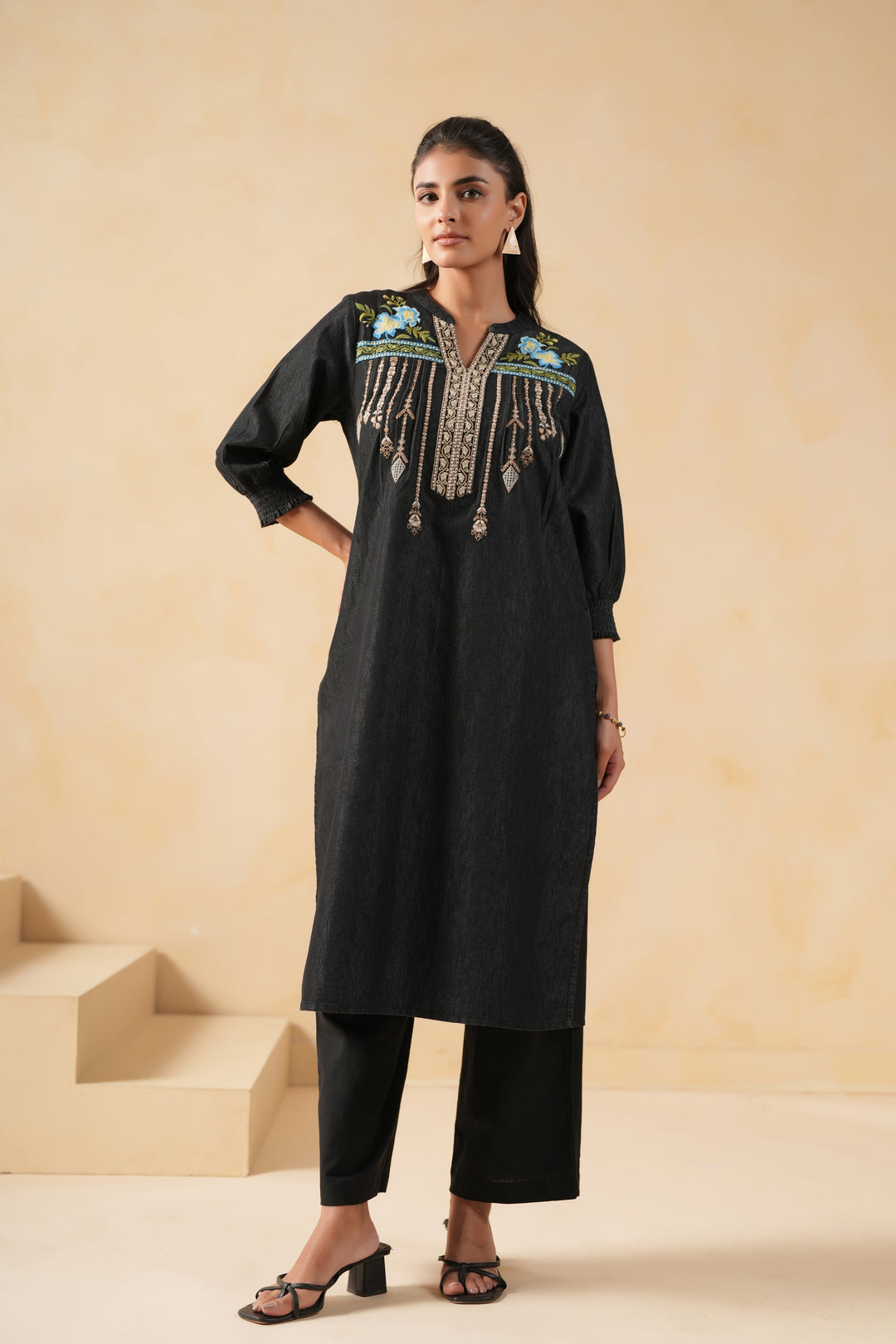 Black Denim Embroidered Designer Straight Kurta