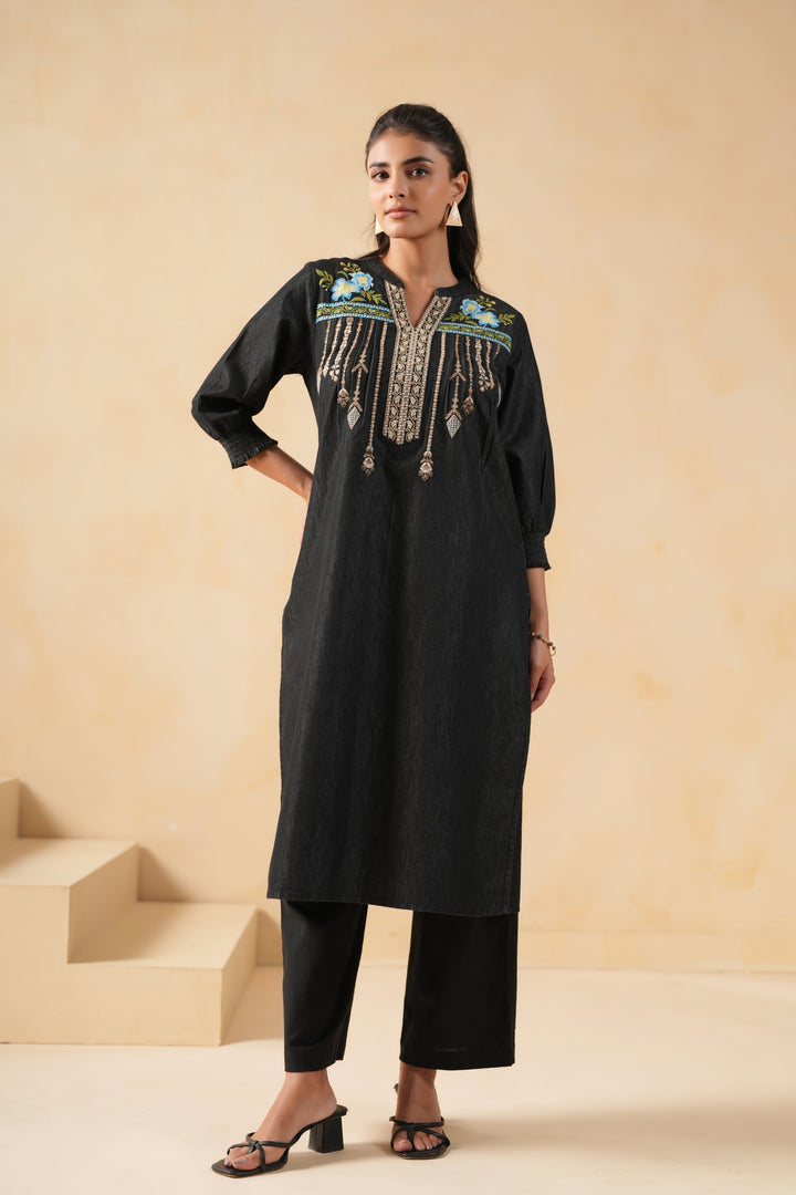 Black Denim Embroidered Designer Straight Kurta