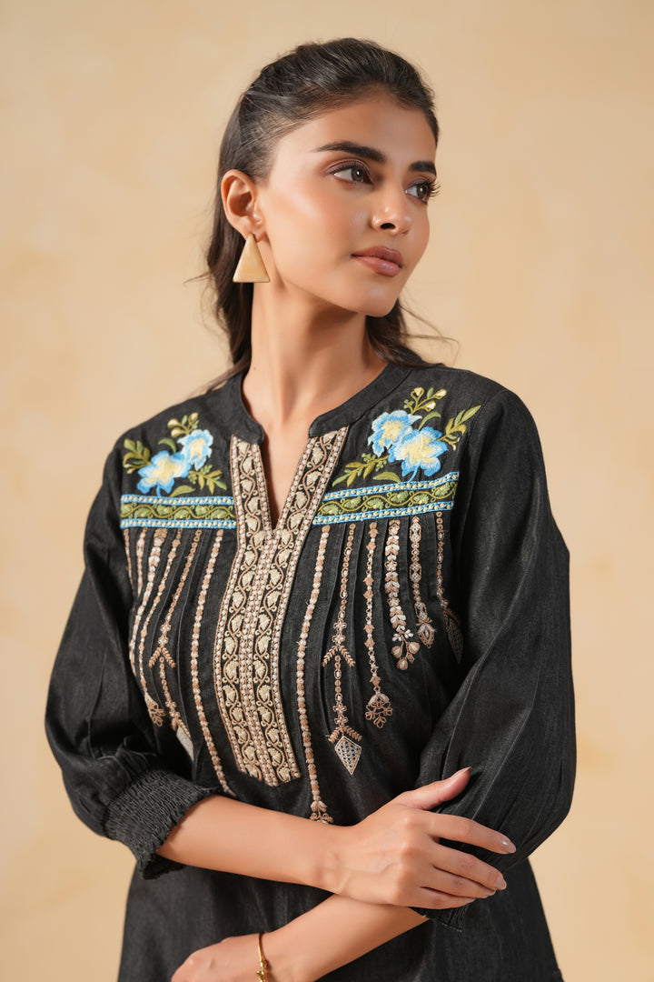 Black Denim Embroidered Designer Straight Kurta