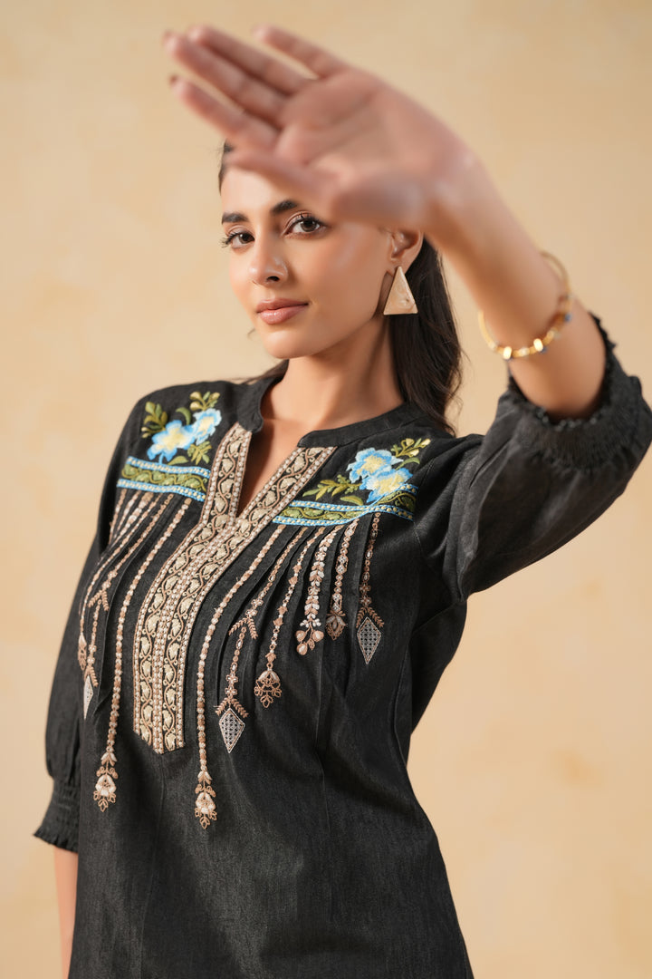 Black Denim Embroidered Designer Straight Kurta