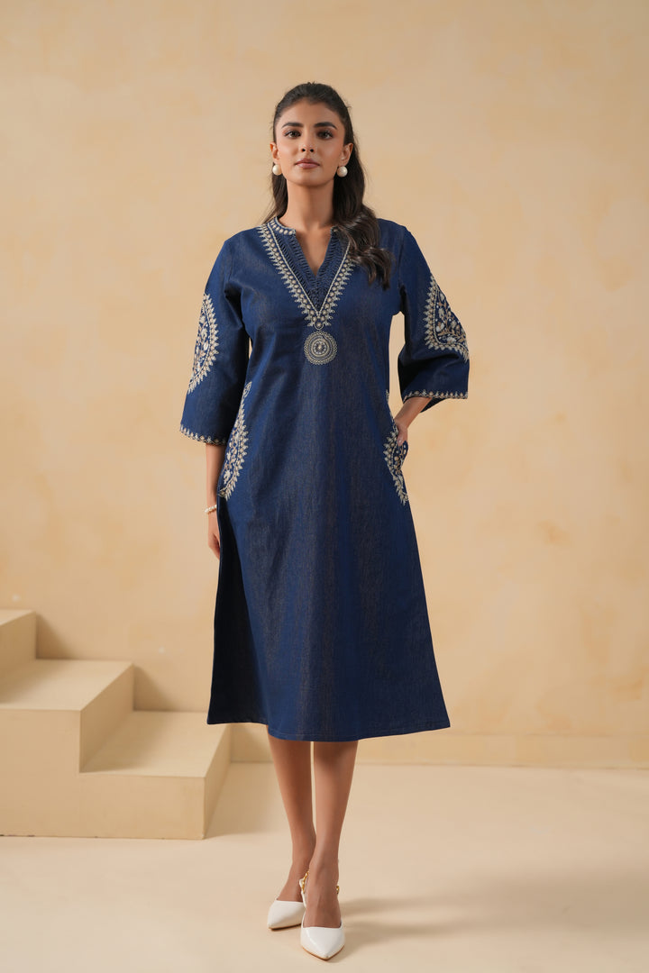 Blue Denim Embroidered Designer A-line Kurta