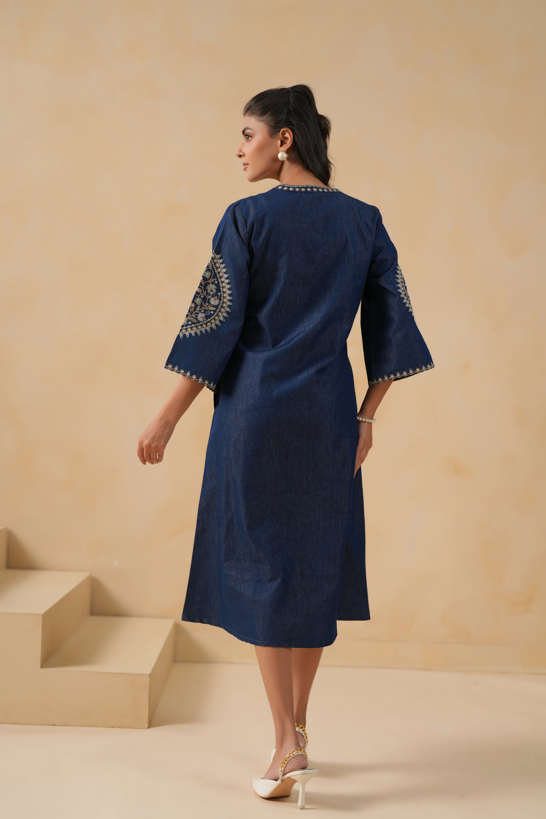 Blue Denim Embroidered Designer A-line Kurta
