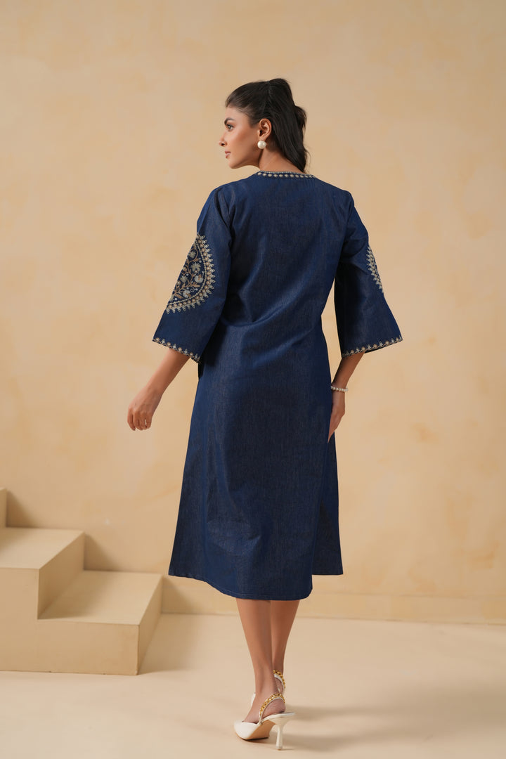 Blue Denim Embroidered Designer A-line Kurta