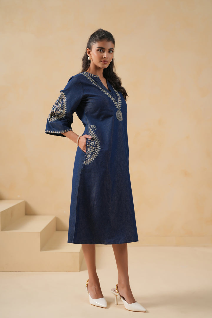 Blue Denim Embroidered Designer A-line Kurta