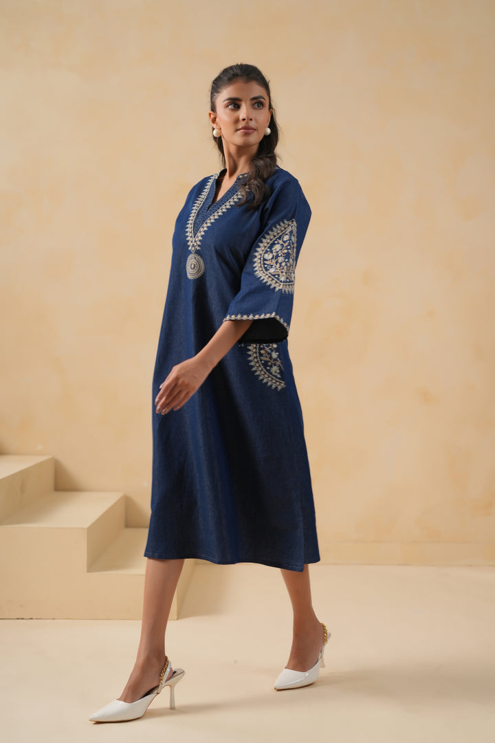Blue Denim Embroidered Designer A-line Kurta