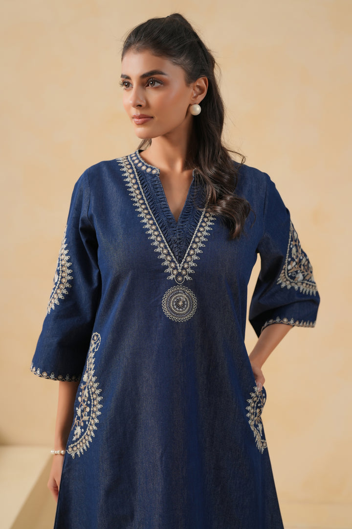 Blue Denim Embroidered Designer A-line Kurta