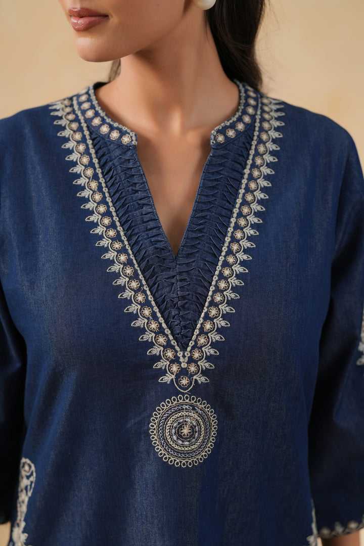Blue Denim Embroidered Designer A-line Kurta