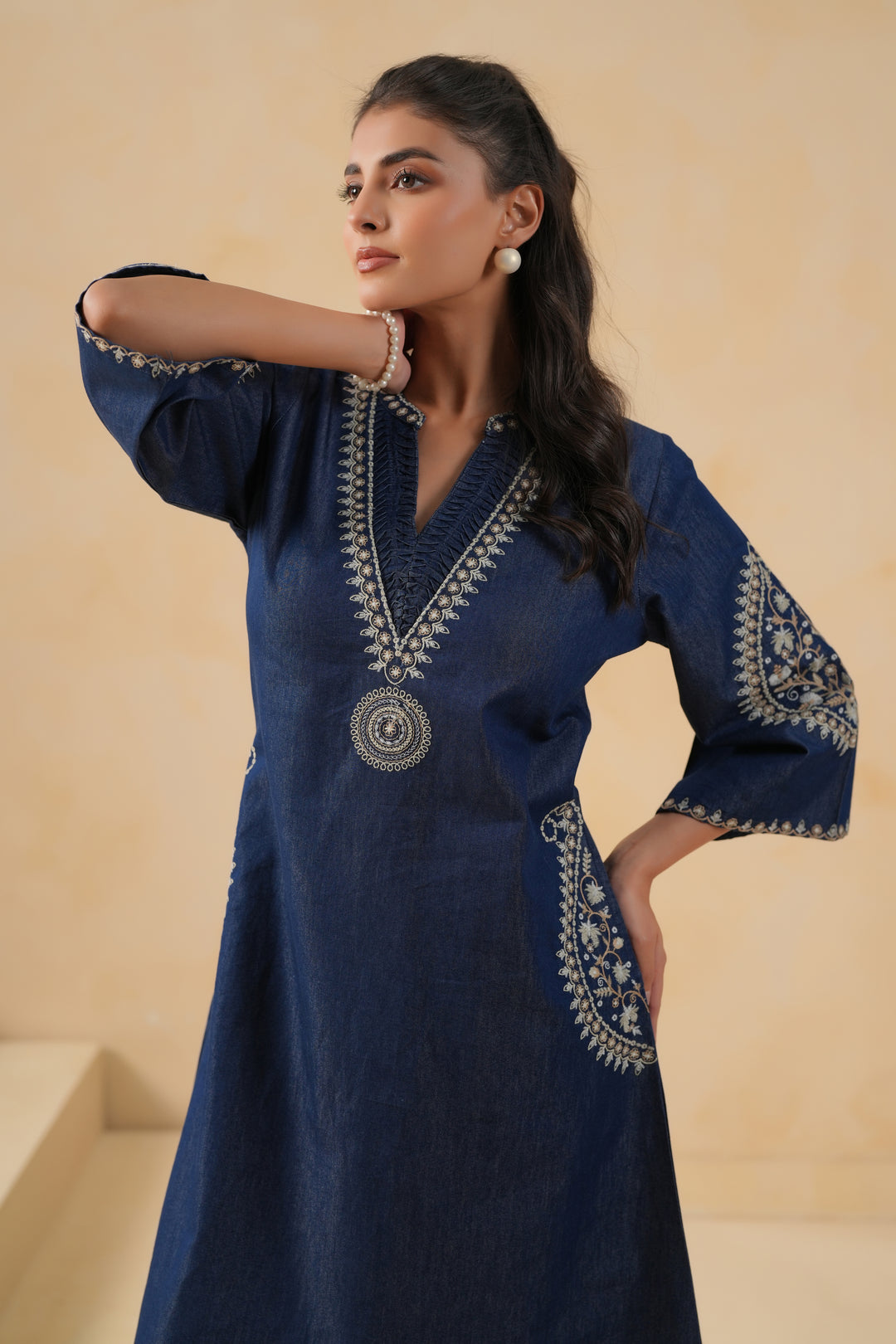 Blue Denim Embroidered Designer A-line Kurta