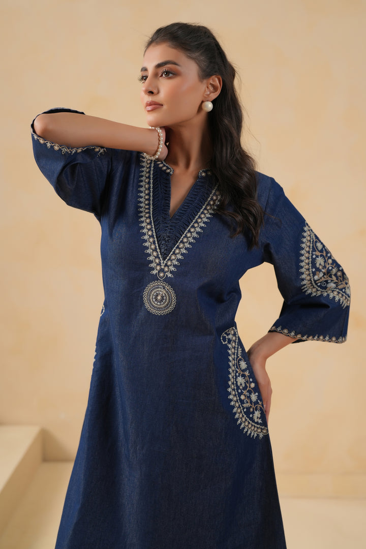 Blue Denim Embroidered Designer A-line Kurta