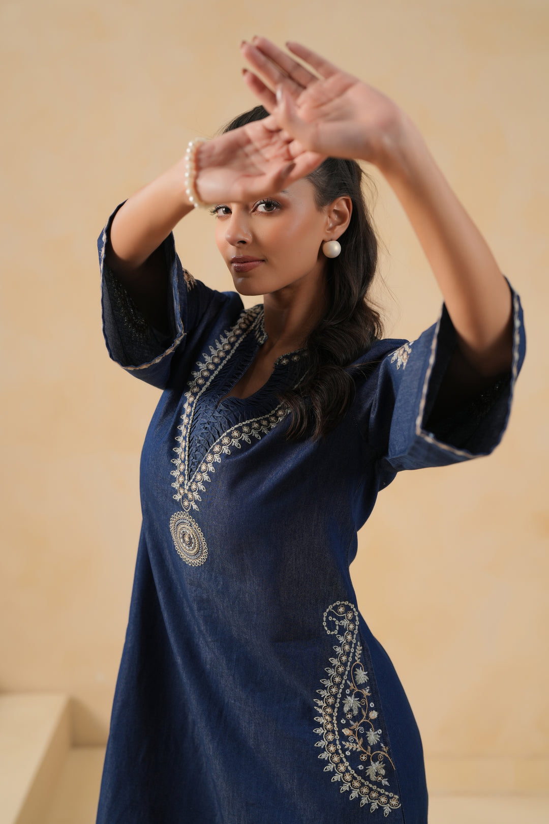 Blue Denim Embroidered Designer A-line Kurta