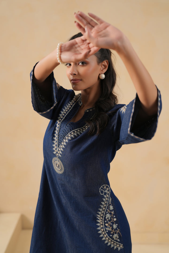 Blue Denim Embroidered Designer A-line Kurta