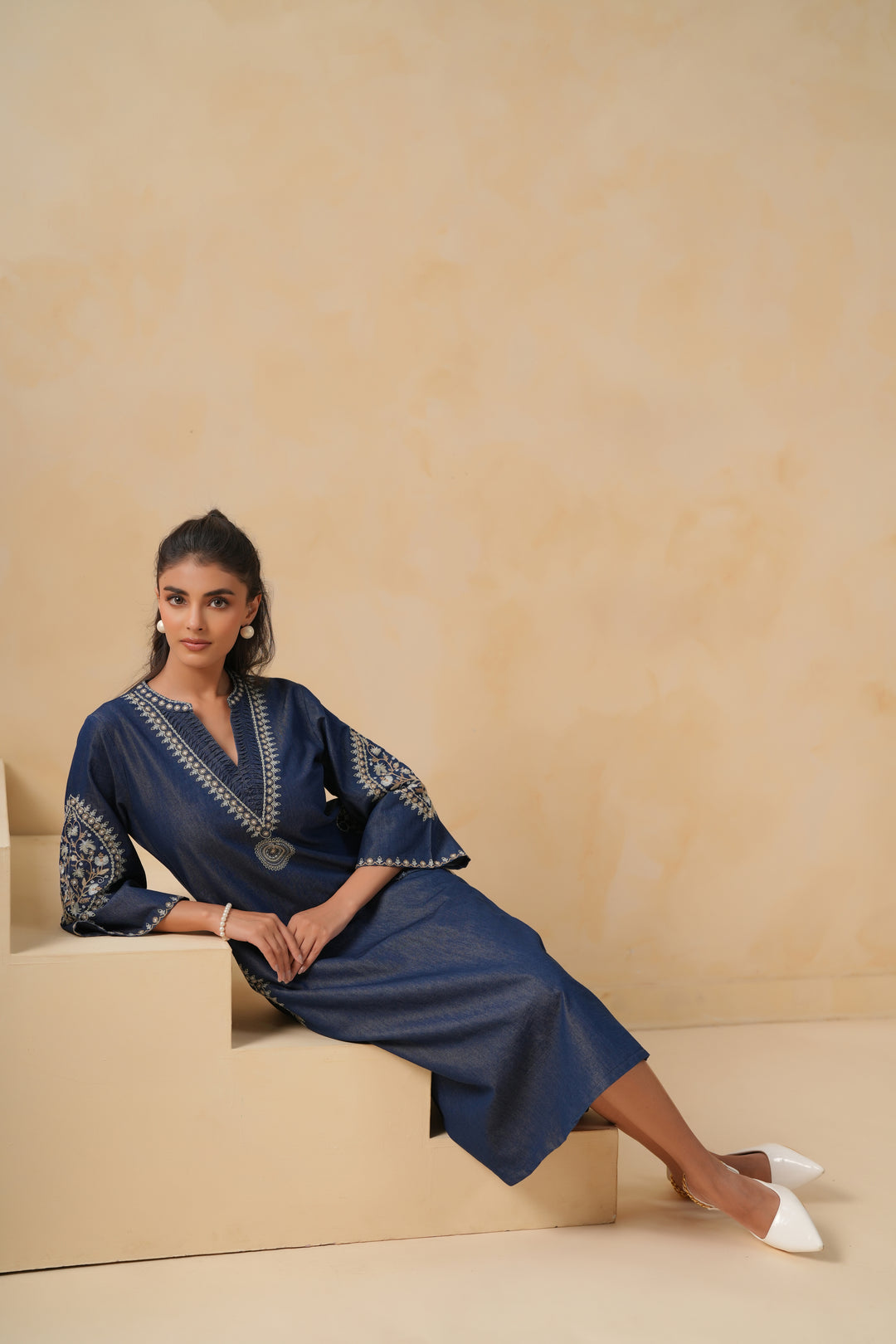 Blue Denim Embroidered Designer A-line Kurta