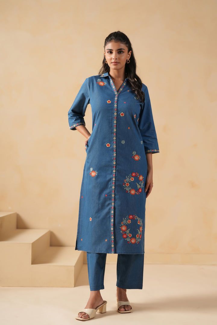 Blue Denim Embroidered Desinger Kurta Pant Set