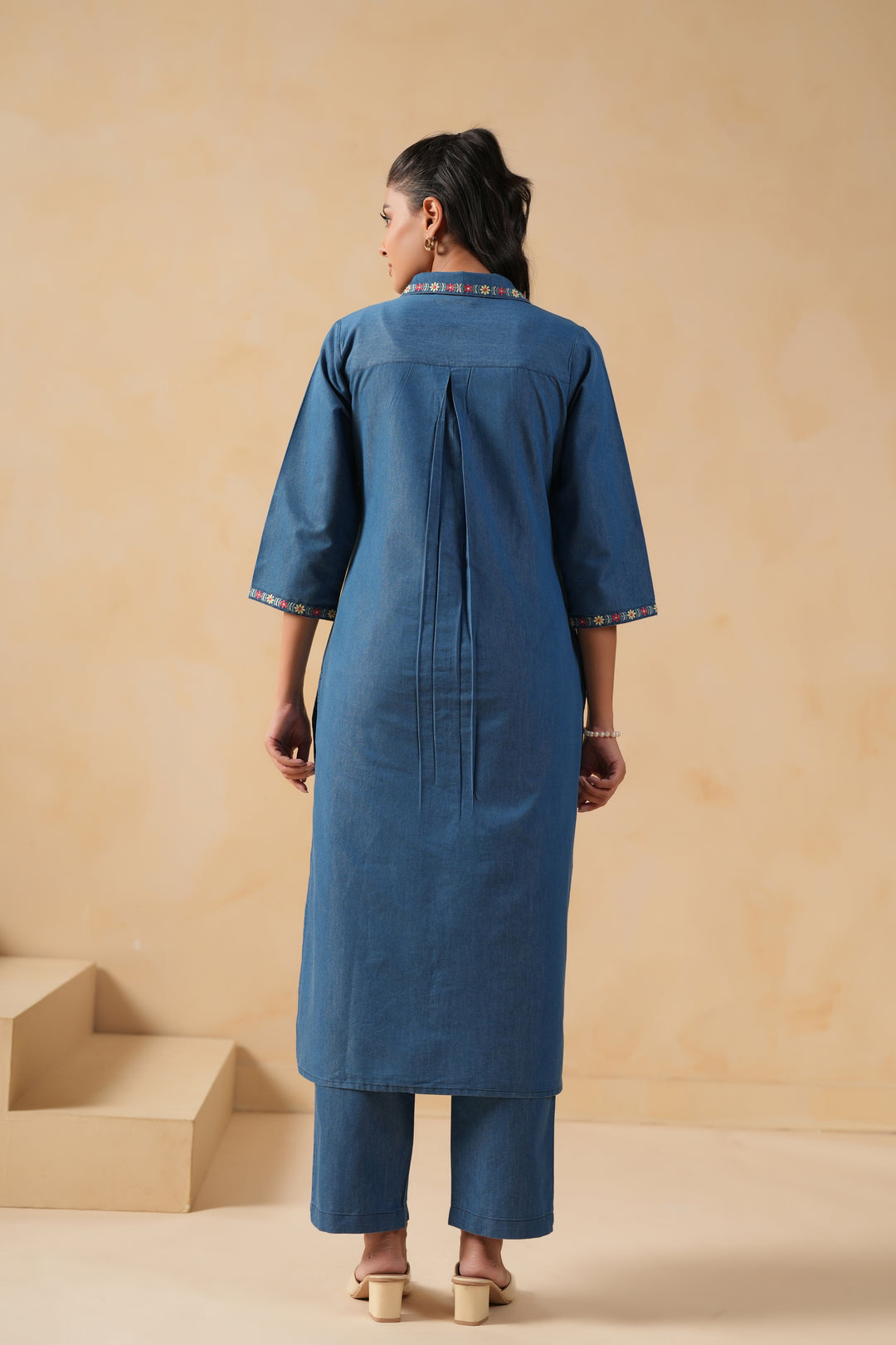 Blue Denim Embroidered Desinger Kurta Pant Set