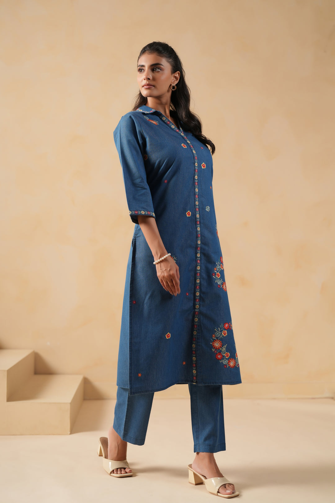 Blue Denim Embroidered Desinger Kurta Pant Set