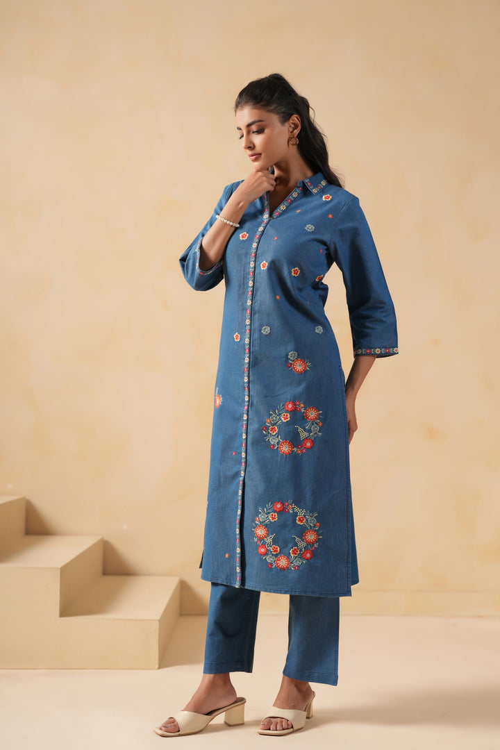Blue Denim Embroidered Desinger Kurta Pant Set