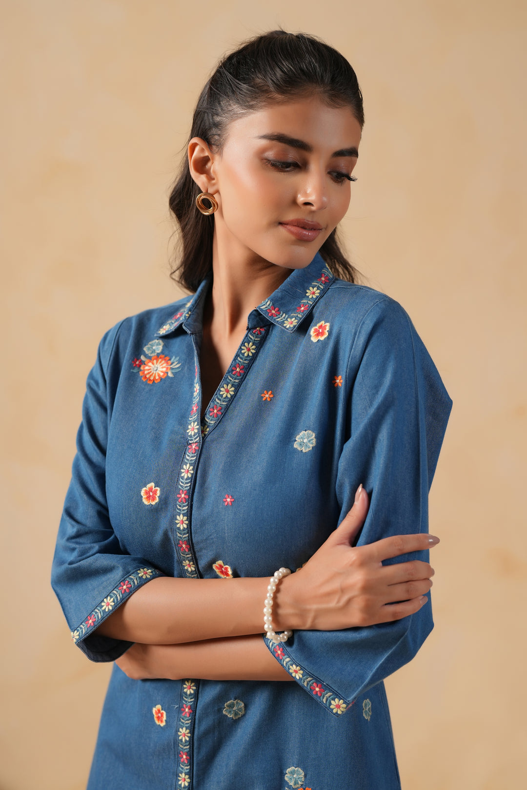 Blue Denim Embroidered Desinger Kurta Pant Set