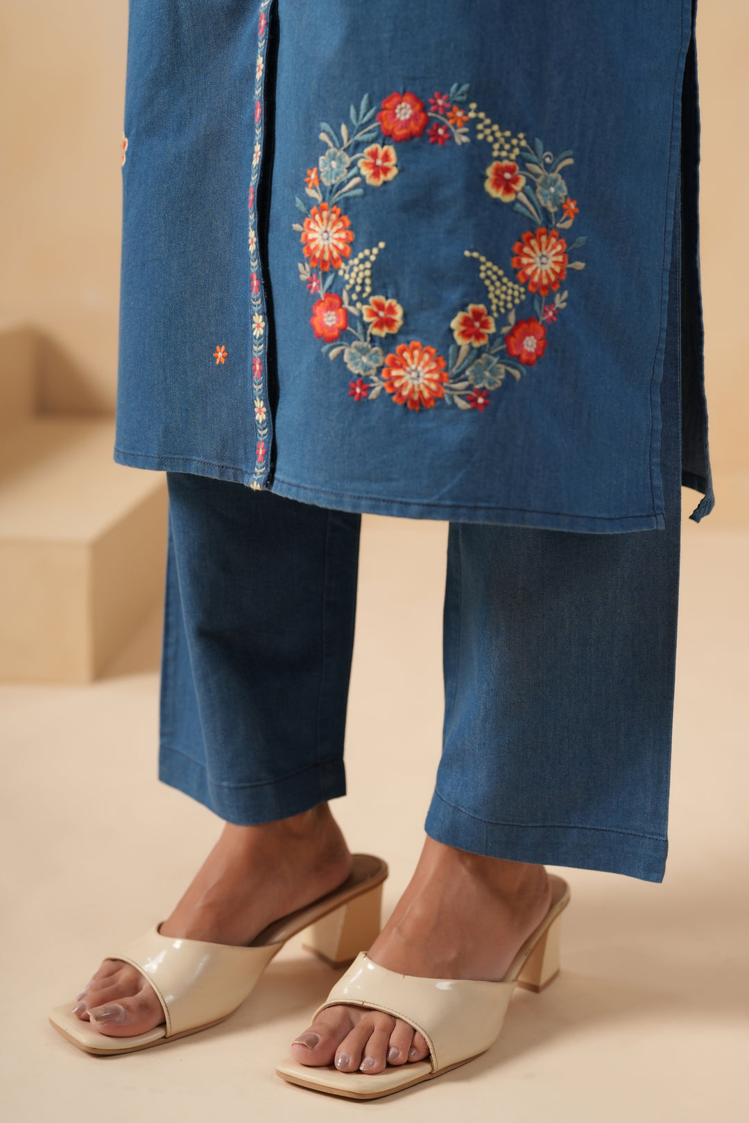 Blue Denim Embroidered Desinger Kurta Pant Set