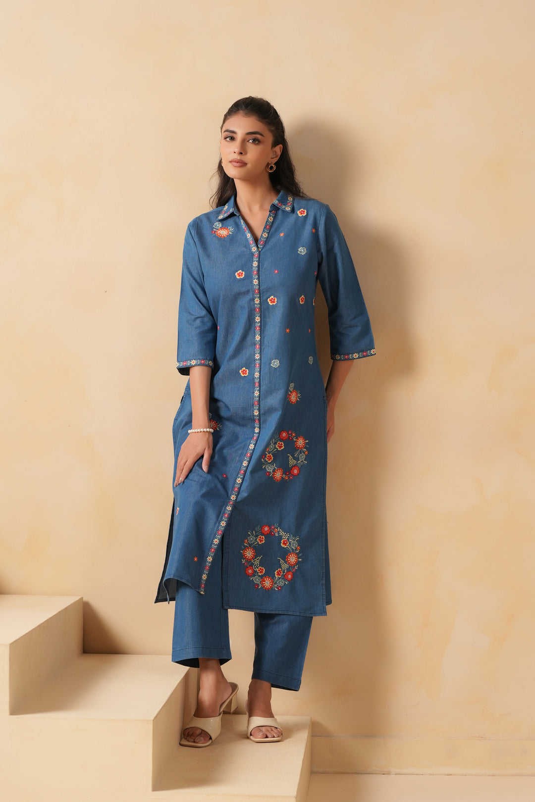 Blue Denim Embroidered Desinger Kurta Pant Set
