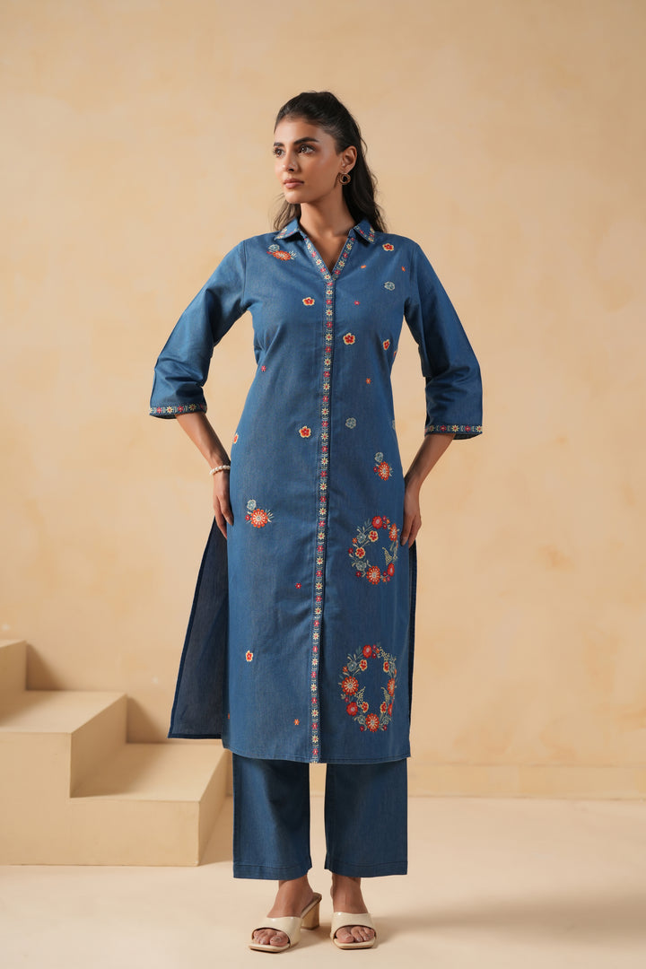 Blue Denim Embroidered Desinger Kurta Pant Set